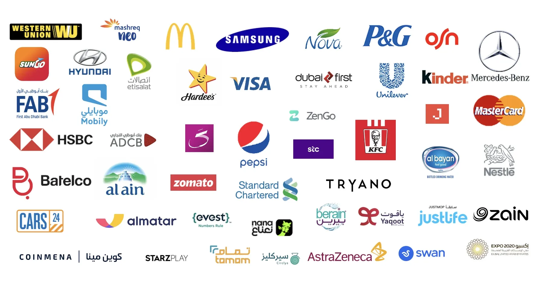 45+ global and regional advertisers we've activated for, including HSBC, Samsung, Mercedes-Benz, Nescafé, Unilever, P&G, McDonald's, Visa, Mastercard, Pepsi, KFC, Mashreq, ADCB, FAB, Standard Chartered, Etisalat, Mobily, Zain, stc, Hyundai, Western Union, Expo 2020 Dubai, AstraZeneca, OSN, Zomato, Kinder, Dubai First, Tryano, Batelco and more